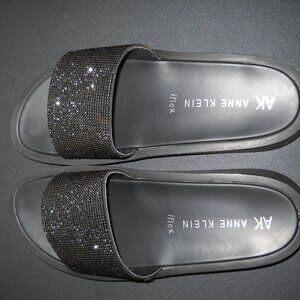 AK Anne Klein iFlex Slide Sandals Black Stone Embellished - Size 10 M